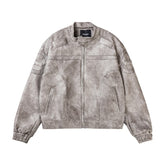 Faux Leather Motorcycle Jacket with Marble Pattern and Stand-Up Collar